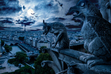 Gargoyles of Notre Dame de Paris on Halloween night, France