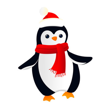 Cute penguin cub with santa hat. Vector illustration of funny penguin cub