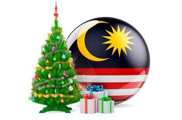 Christmas and New Year in Malaysia, concept. Christmas tree and gift boxes with Malaysian flag, 3D rendering