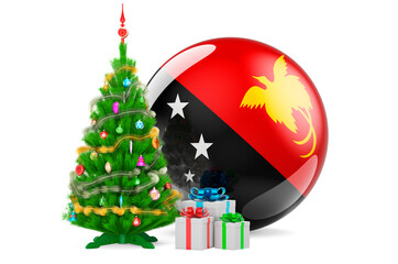Christmas and New Year in Papua New Guinea, concept. Christmas tree and gift boxes with Papuan New Guinean flag, 3D rendering