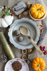 old plate, spoon, retro accessories on the table