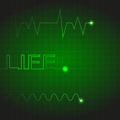 Electrocardiogram, heart impulse signals, signal indicating life with grid and impulse waves.
Concept of life, medical recovery