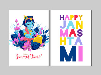 Happy Janmashtami greeting cards. Krishna vector illustration. EPS10