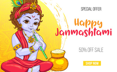 Happy Janmashtami sale banner . Krishna vector illustration. EPS10
