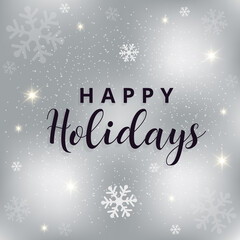 Happy holidays text on silver blurred background.