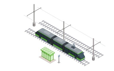 modern green tram at a stop on the rails isometric