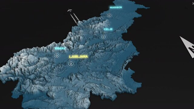 Seamless looping animation of the 3d terrain map at nighttime of Slovenia with the capital and the biggest cites in 4K resolution