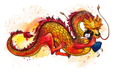 Watercolor fairy dragon and princess on white background