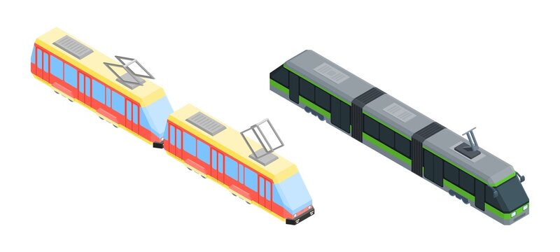 two different trams city transport isometric style