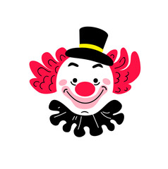 Logo. Drawn head of a clown in black, red, pink and yellow, it is drawn in a doodle style. Stock vector illustration isolated on a white background.