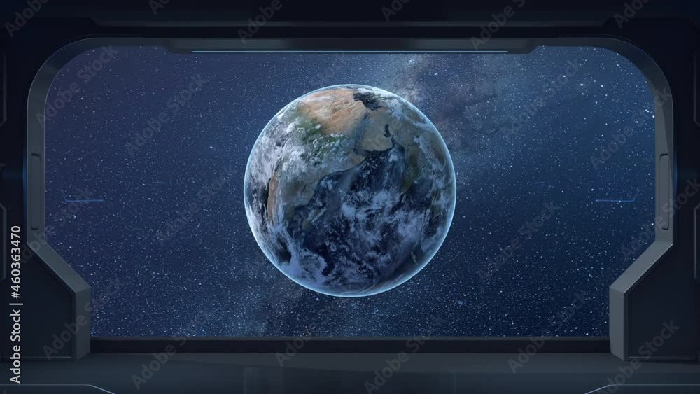 Poster the earth from the view in the spacecraft, 3d rendering.