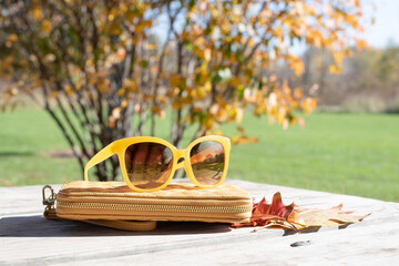 Yellow sunglasses and wallet on a picnic table at the park in autumn