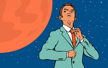A businessman dreams of flying to the planet Mars. Career, business promotion and space exploration. Vector cartoon pop art illustration