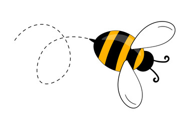 Cartoon bee mascot. A small bees flying on a dotted route. Wasp collection. Vector characters. Incest icon. Template design for invitation, cards. Doodle style