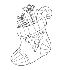 A Christmas sock with gifts and a candy cane. Black and white New Year's drawing for children's coloring. Vector contour illustration in cartoon style for holiday print, postcard design.