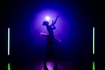 Silhouette of theater dancer in tutu on violet spotlight background. Woman ballerina dancing...