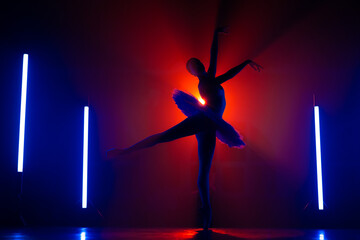 Solhouette of ballerina is practicing elements in studio with neon colorful light. Young woman dancing in classic tutu dress. Gracefulness and tenderness in every movement.