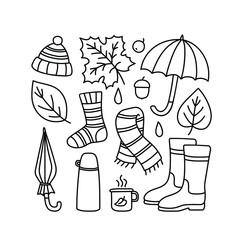 A set of autumn drawings. Contour image of an umbrella, fallen maple leaves, a thermos, a boot, a hat, a scarf, a sock. black drawing of objects for stickers, decor, postcards. Vector fall clipart