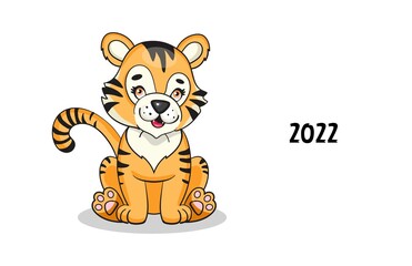 Cute tiger cub greeting card New Year 2021. Vector illustration.