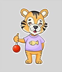 Cute tiger cub symbol of the year greeting card. Vector illustration.