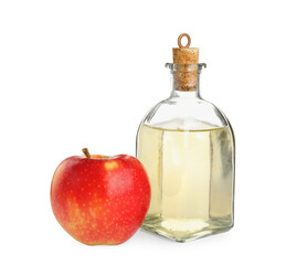 Natural apple vinegar and fresh fruit on white background