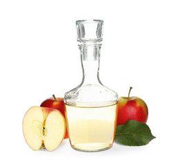 Natural apple vinegar and fresh fruits on white background