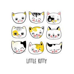 Set of cats hads, funny character kitties, perfect for t-shirts, stickers, prints and other