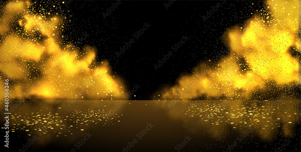 Poster smoke stage vector background. abstract gold fog