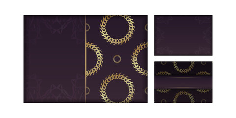 Postcard template burgundy with abstract gold ornaments for your brand.