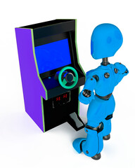 Fototapeta premium robot gir lwith a retro arcade videogame cabinet driving in white background