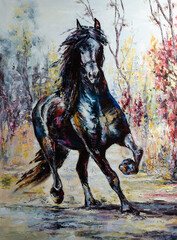 A running dark horse painted with oil paints © Oleksij