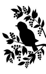 Black silhouette of a bird on a branch on a white background
