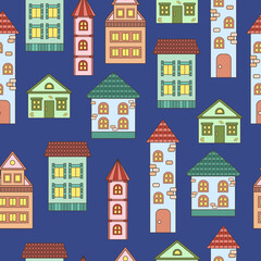 Seamless pattern with houses with light in the windows in the evening