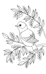 The bird is sitting in the branch. Coloring page