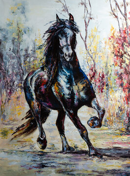 A running dark horse painted with oil paints