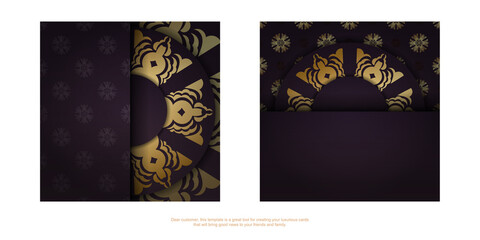 Postcard template in burgundy color with Greek gold ornaments for your brand.