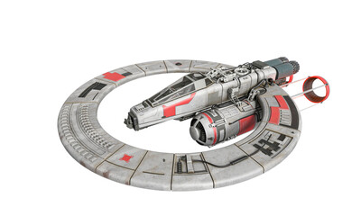 spaceship is passing by on white background