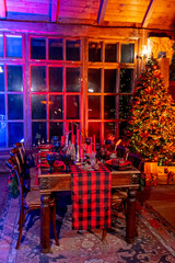 Christmas room interior design. Indoor Christmas holiday celebration. Vertical view