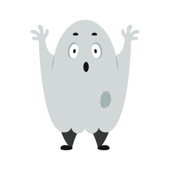 Ghost under the sheet. Funny cartoon Halloween character. Cute costume for spooky party. Spirit scares. Boo. Cool mascot for autumn holiday promotion. Isolated clipart for seasonal packaging design.