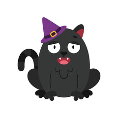 Black cat in witch's hat meows. Funny Halloween character. Cartoon mascot for holiday promotion. Isolated clipart for greeting card design, packing of seasonal autumn goods, print on children clothes.