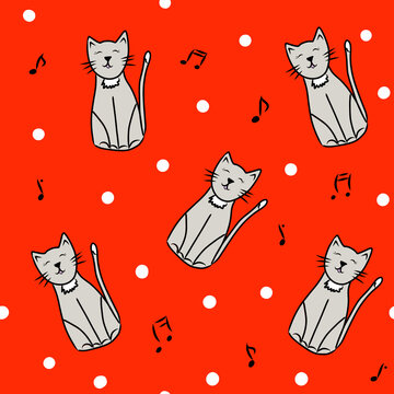 Cute seamless pattern with grey cat,snowflakesnotes,hand drawn doodle illustration for new year and christmas decoration,print as wrapping paper,packaging and cover design,winter holidays background. 