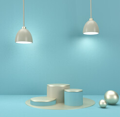 Stone product display podium with  beige lamp on the blue wall. 3d rendering