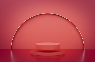 3d rendering red podium background. Floating redi podium with neon half circle in the background