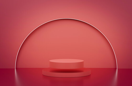 3d rendering red podium background. Floating redi podium with neon half circle in the background