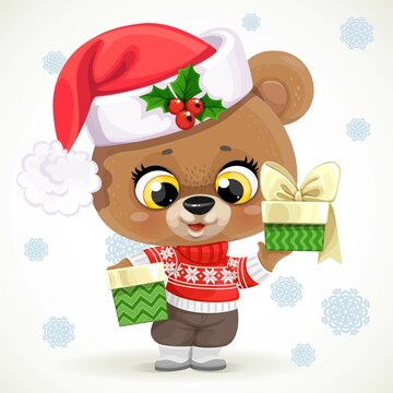 Cute cartoon teddy bear in red christmas sweater with gifts on a white background with Christmas snowflakes