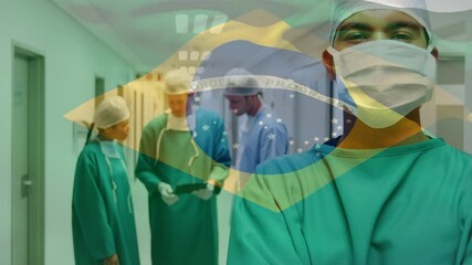 Animation of flag of brasil waving over surgeons in hospital corridor - Powered by Adobe