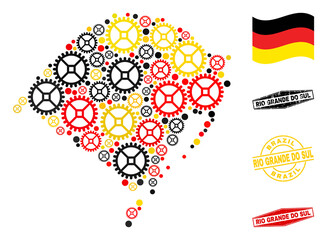 Workshop Rio Grande do Sul State map collage and seals. Vector collage is created from clock gear icons in variable sizes, and German flag official colors - red, yellow, black.
