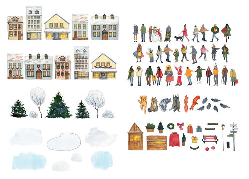 Winter scene creator watercolor clipart, Christmas house, Landscape elements, Cartoon family outdoor activity, Farm new year, holiday, isolated elements on white background
