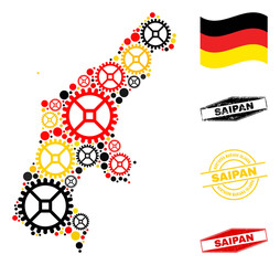 Repair service Saipan Island map collage and seals. Vector collage composed of service elements in various sizes, and Germany flag official colors - red, yellow, black.