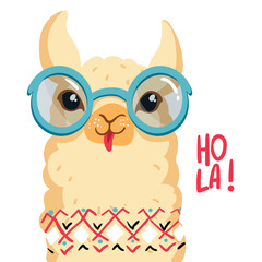 Cute lama character, Flowers wreath on the head, Smiling alpaca. Hola illustration